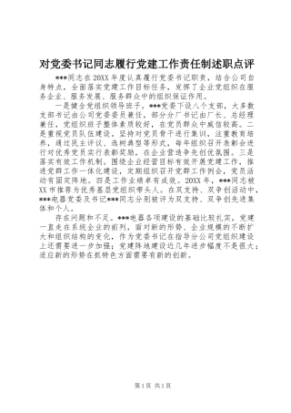 对党委书记同志履行党建工作责任制述职点评