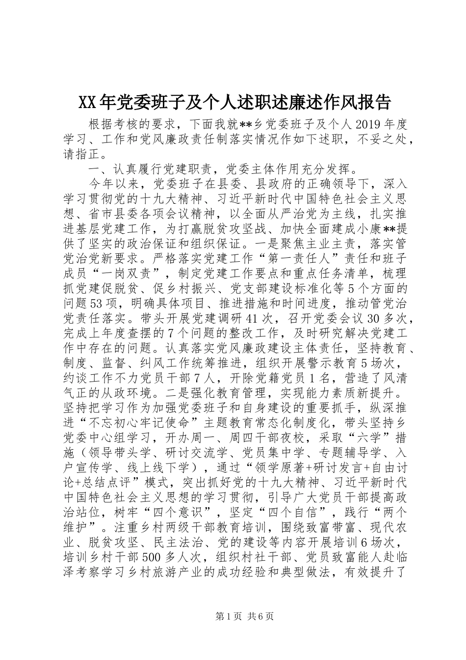 XX年党委班子及个人述职述廉述作风报告_第1页