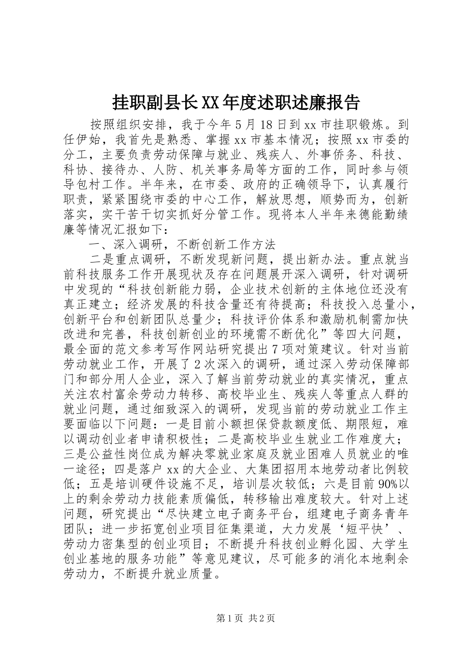 挂职副县长XX年度述职述廉报告_第1页