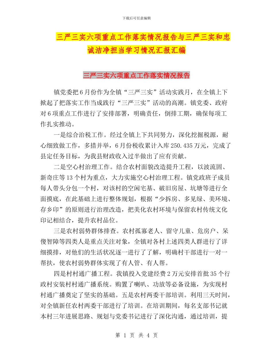 三严三实六项重点工作落实情况报告与三严三实和忠诚干净担当学习情况汇报汇编_第1页
