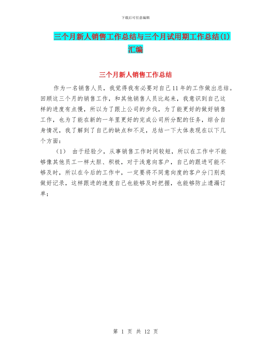 三个月新人销售工作总结与三个月试用期工作总结汇编_第1页