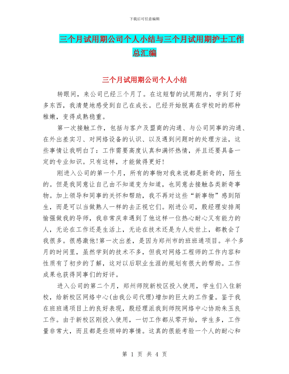 三个月试用期公司个人小结与三个月试用期护士工作总汇编_第1页