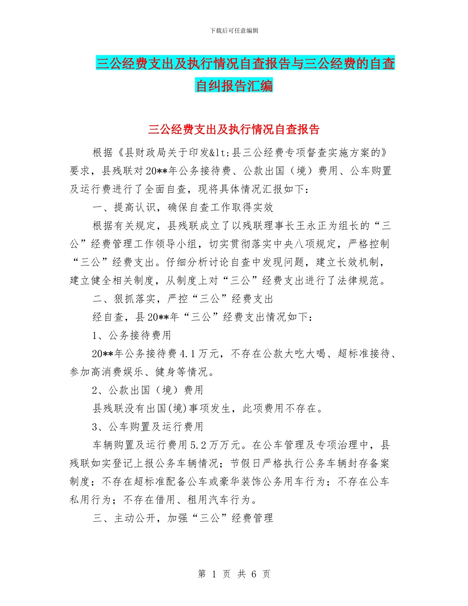 三公经费支出及执行情况自查报告与三公经费的自查自纠报告汇编_第1页
