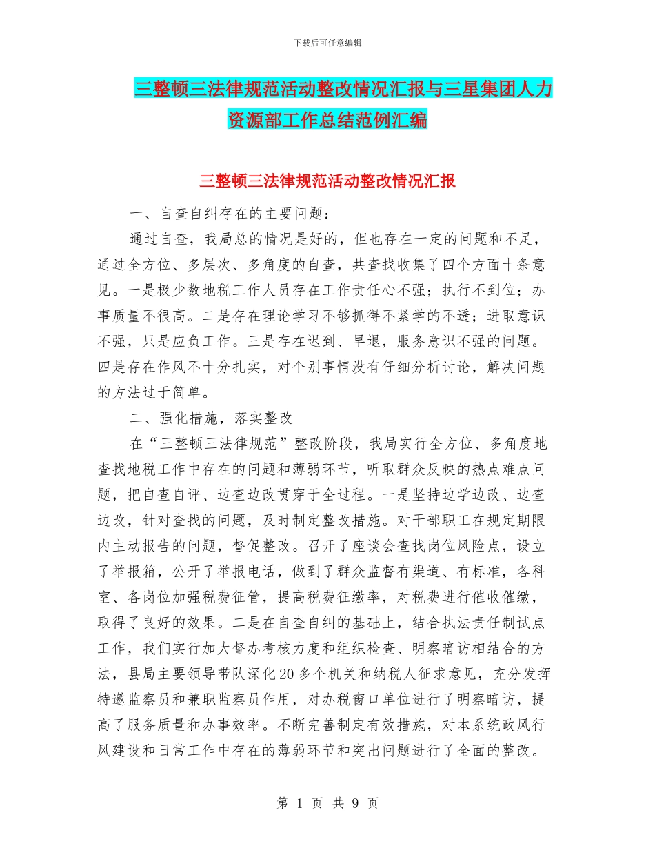 三整顿三规范活动整改情况汇报与三星集团人力资源部工作总结范例汇编_第1页