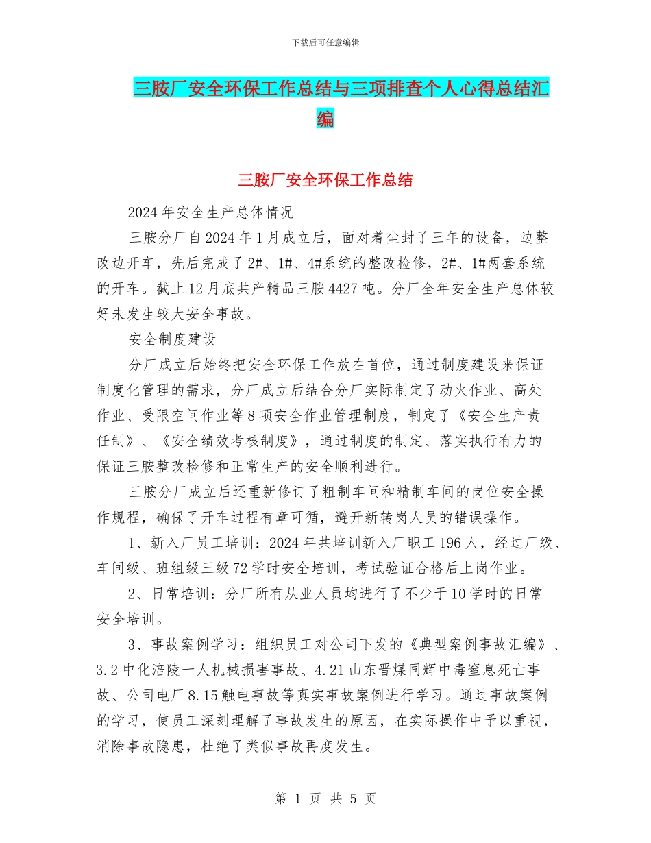 三胺厂安全环保工作总结与三项排查个人心得总结汇编_第1页