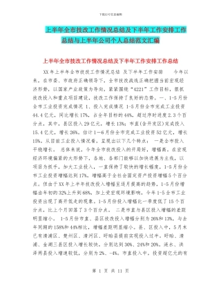 上半年全市技改工作情况总结及下半年工作安排工作总结与上半年公司个人总结范文汇编
