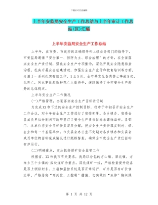 上半年安监局安全生产工作总结与上半年审计工作总结汇编