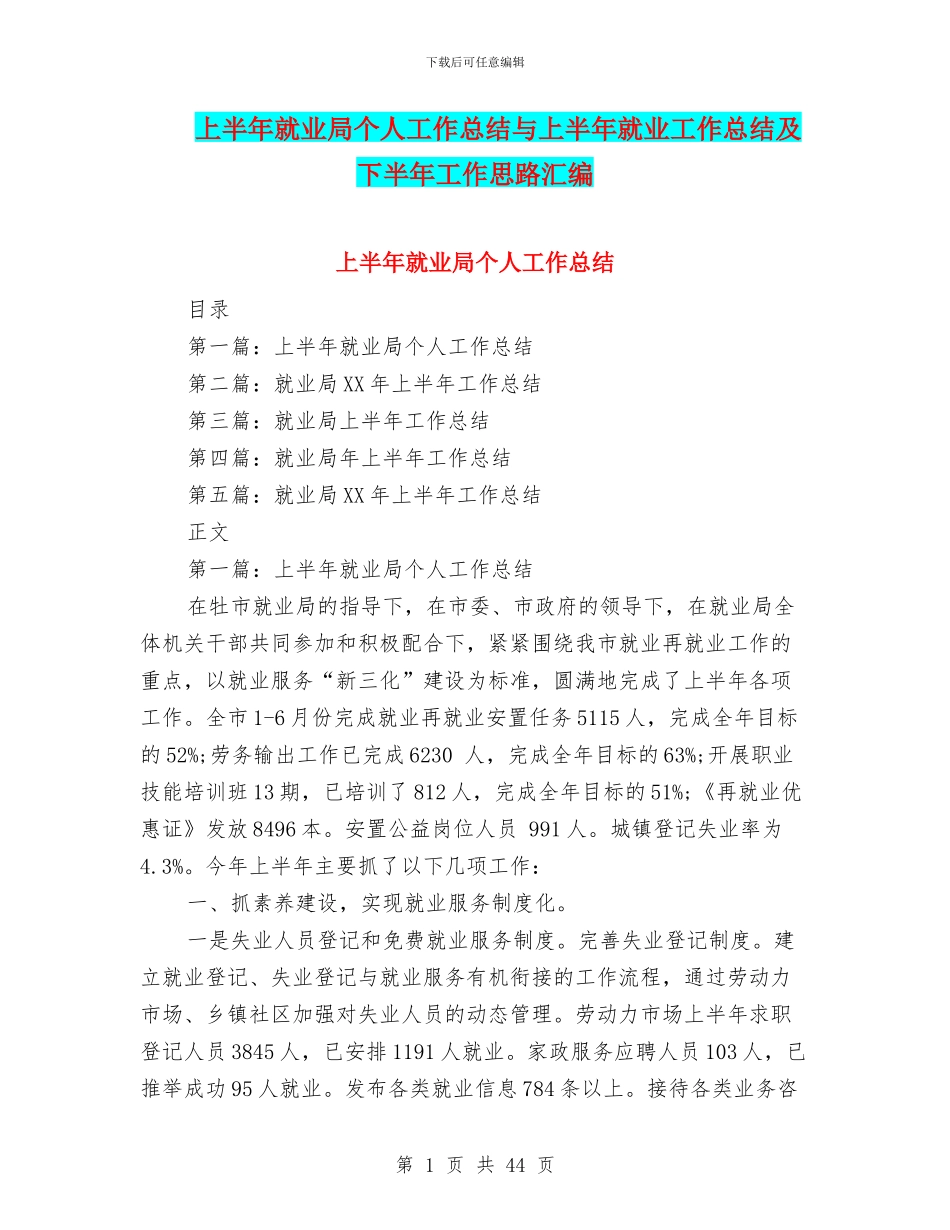 上半年就业局个人工作总结与上半年就业工作总结及下半年工作思路汇编_第1页