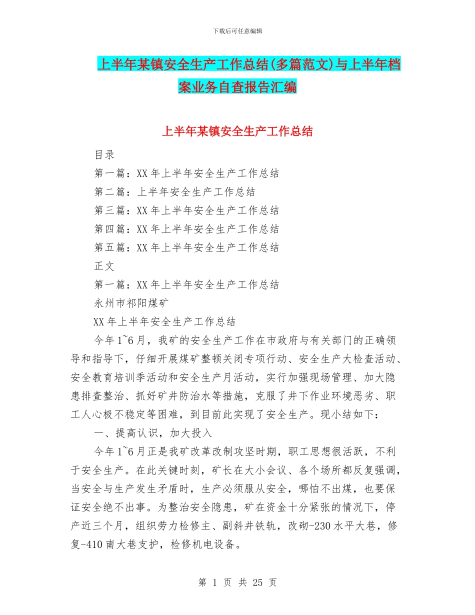 上半年某镇安全生产工作总结与上半年档案业务自查报告汇编_第1页