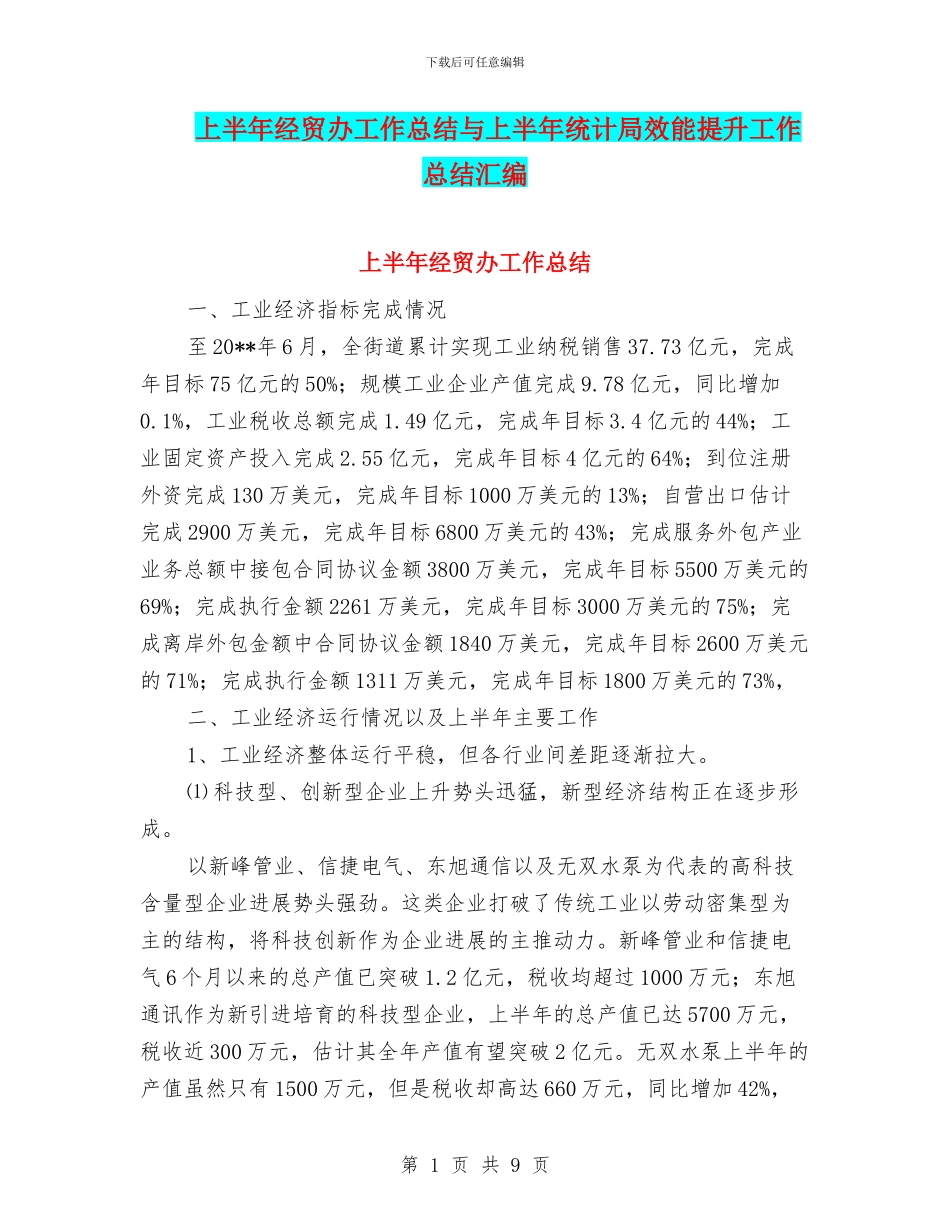 上半年经贸办工作总结与上半年统计局效能提升工作总结汇编_第1页