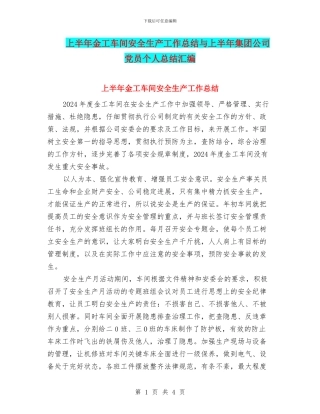 上半年金工车间安全生产工作总结与上半年集团公司党员个人总结汇编