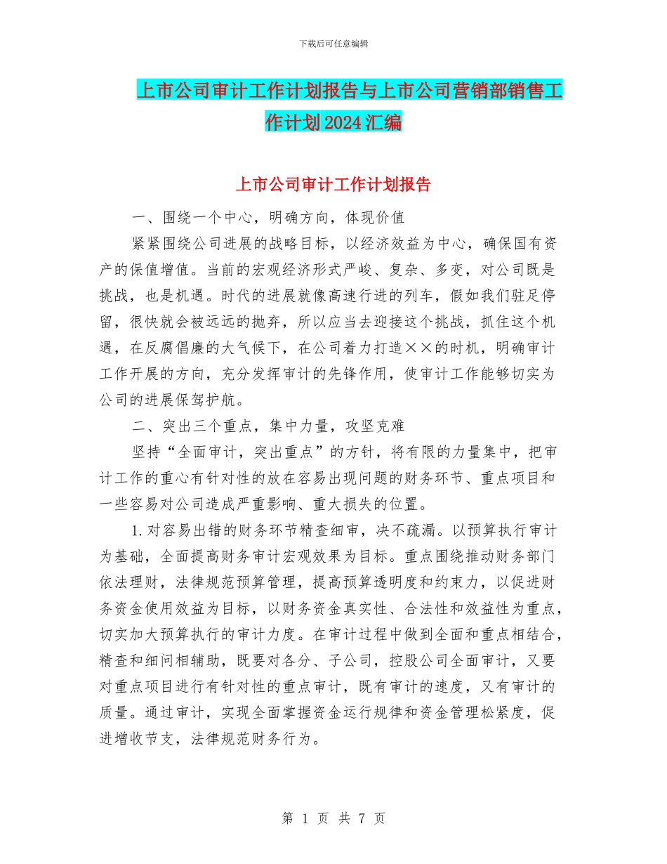 上市公司审计工作计划报告与上市公司营销部销售工作计划2024汇编_第1页