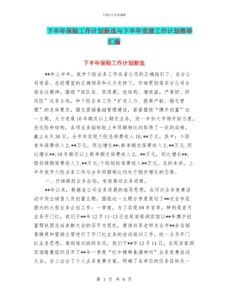 下半年保险工作计划新选与下半年党建工作计划推荐汇编