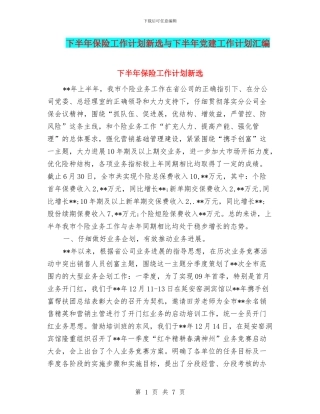 下半年保险工作计划新选与下半年党建工作计划汇编