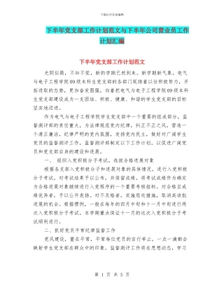 下半年党支部工作计划范文与下半年公司营业员工作计划汇编