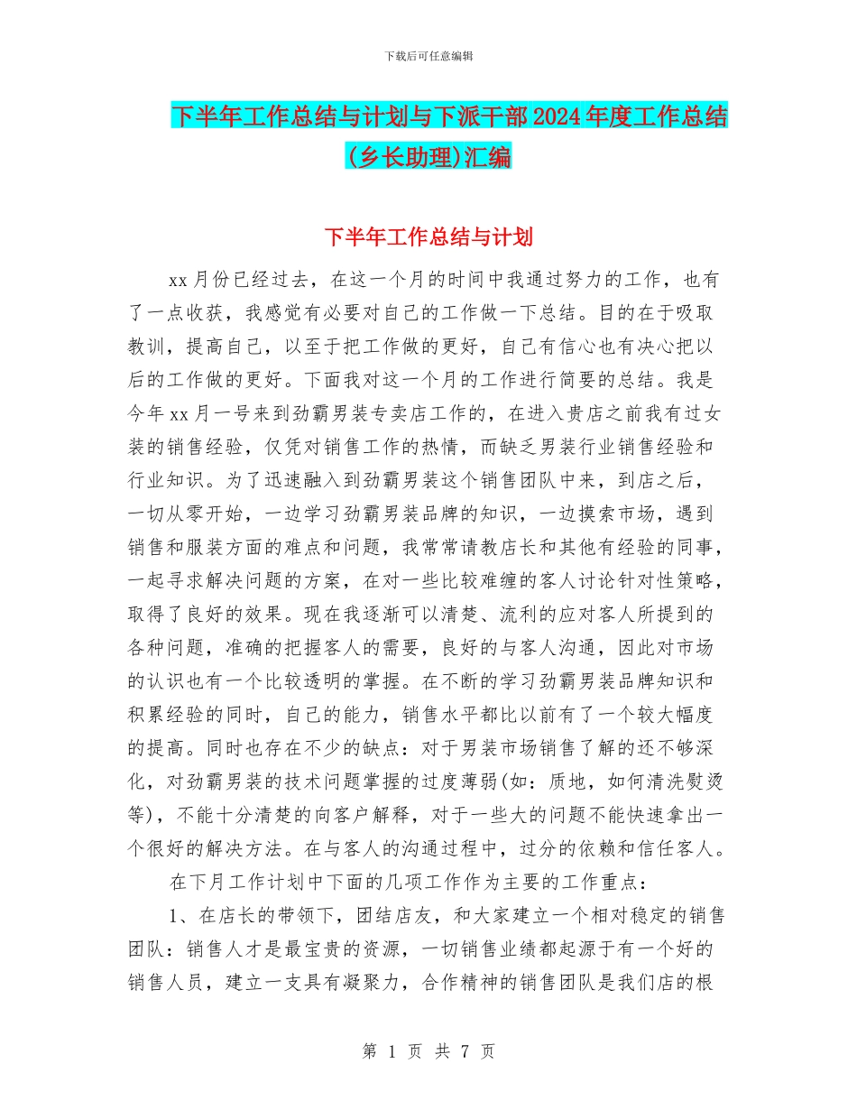 下半年工作总结与计划与下派干部2024年度工作总结汇编_第1页