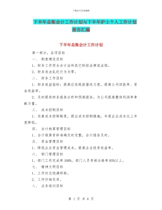 下半年总账会计工作计划与下半年护士个人工作计划报告汇编