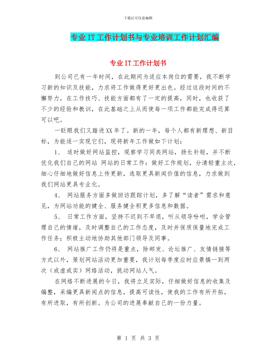 专业IT工作计划书与专业培训工作计划汇编_第1页