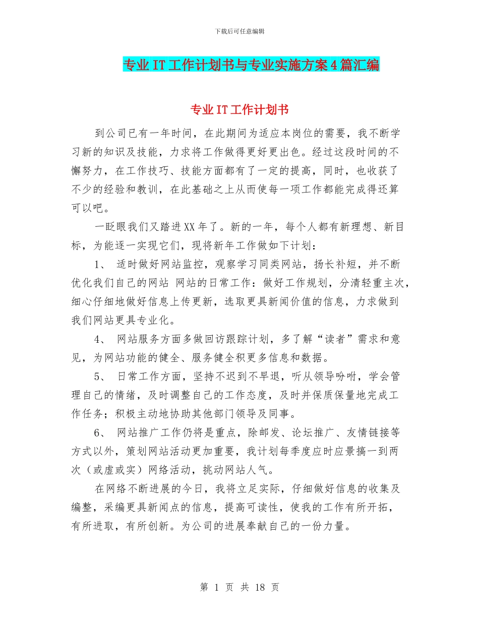 专业IT工作计划书与专业实施方案4篇汇编_第1页
