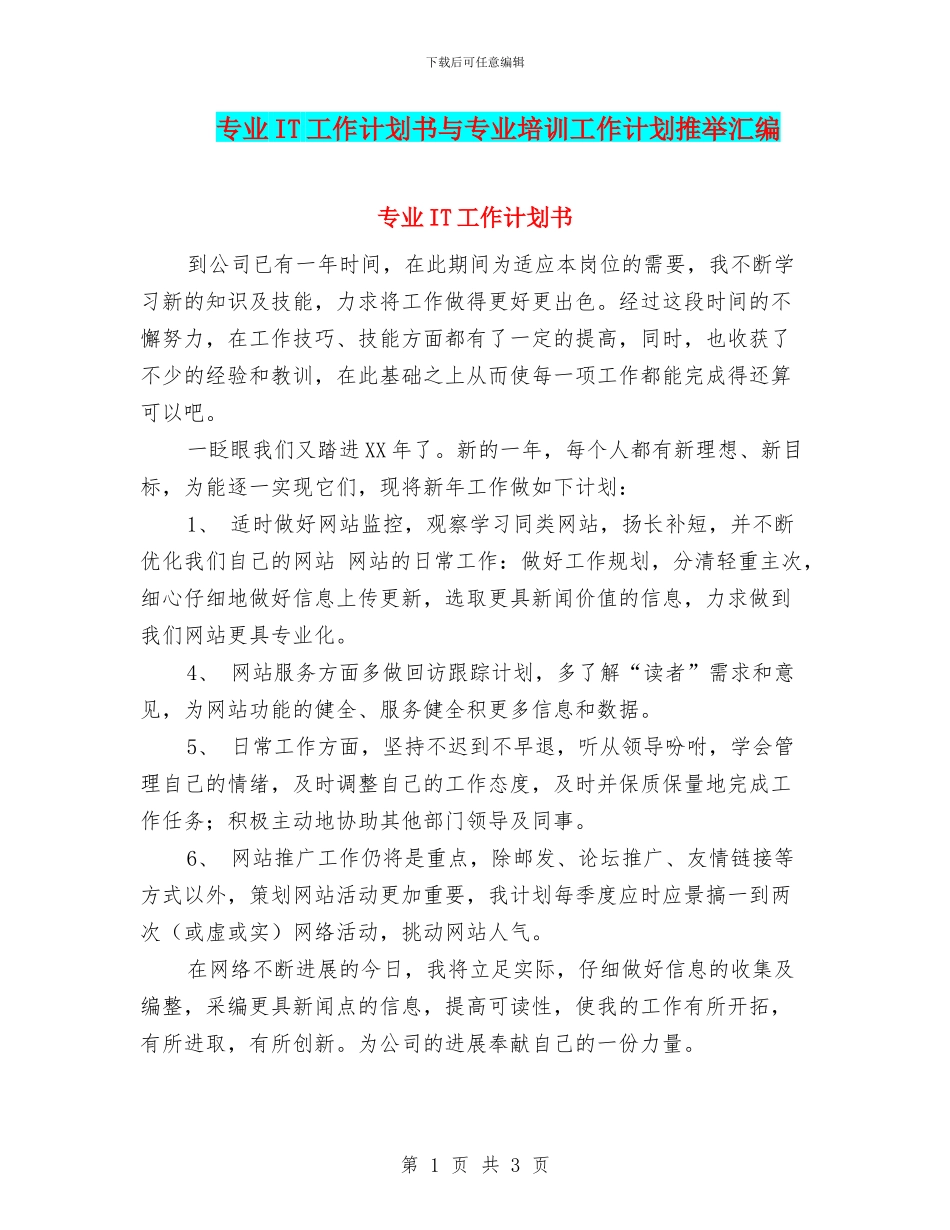专业IT工作计划书与专业培训工作计划推荐汇编_第1页