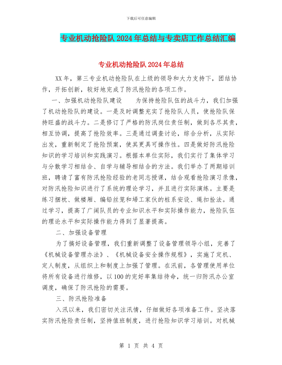 专业机动抢险队2024年总结与专卖店工作总结汇编_第1页