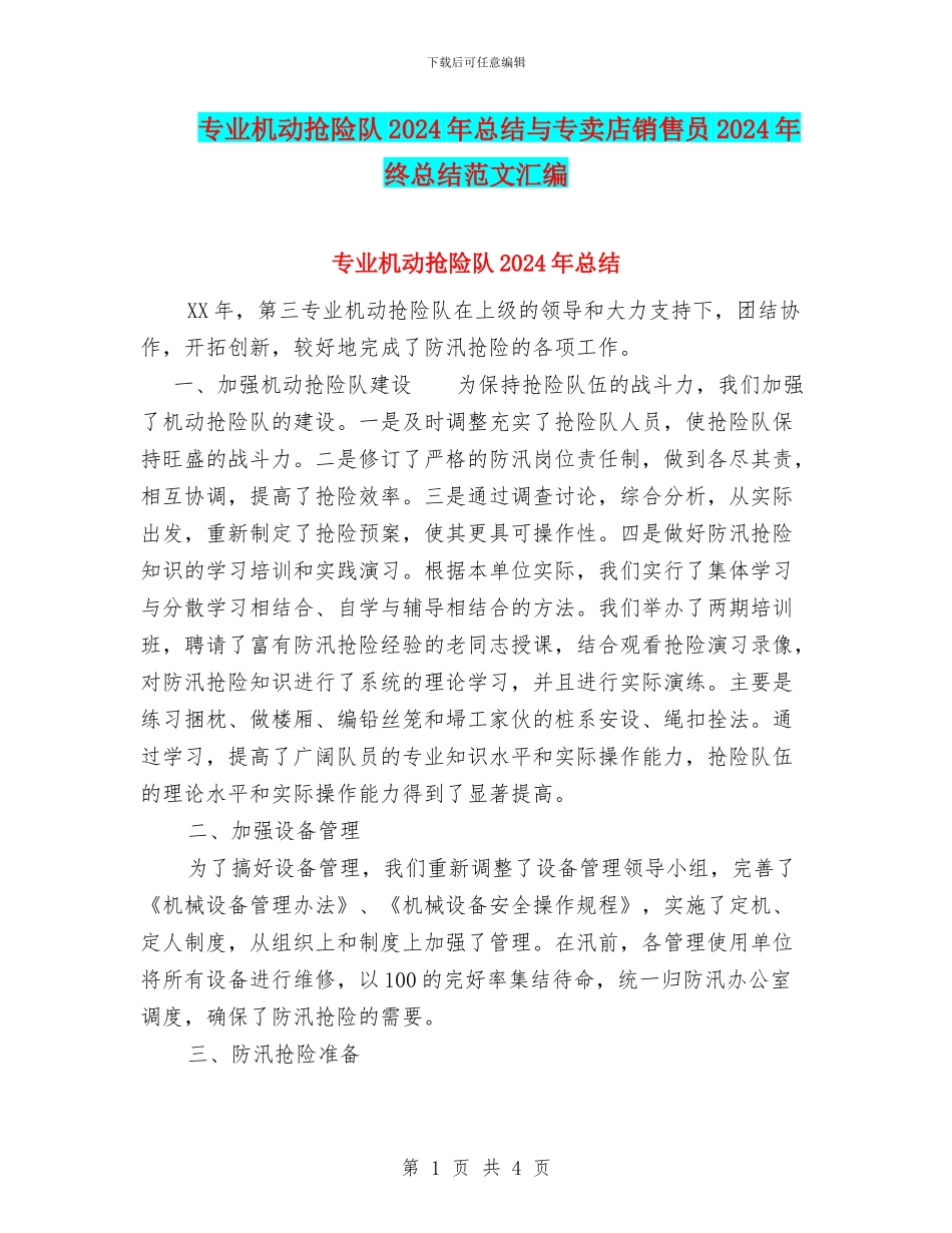 专业机动抢险队2024年总结与专卖店销售员2024年终总结范文汇编_第1页
