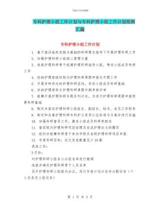 专科护理小组工作计划与专科护理小组工作计划范例汇编