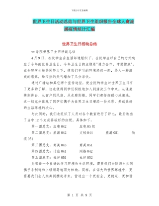 世界卫生日活动总结与世界卫生组织报告全球人禽流感疫情统计汇编