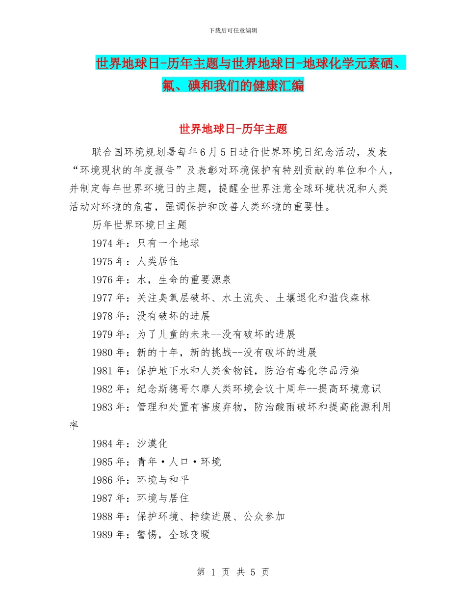 世界地球日-历年主题与世界地球日-地球化学元素硒、氟、碘和我们的健康汇编_第1页