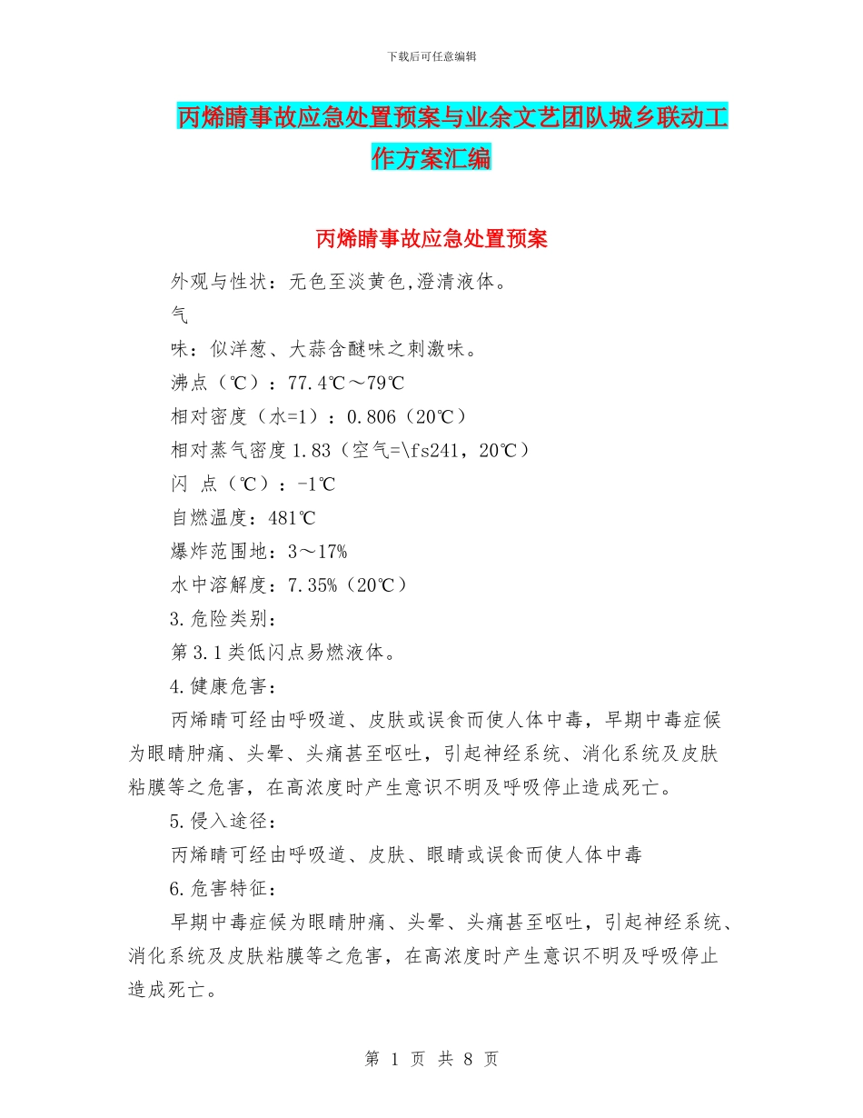 丙烯睛事故应急处置预案与业余文艺团队城乡联动工作方案汇编_第1页