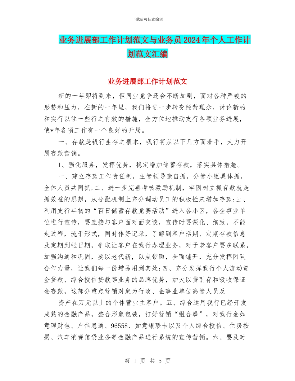 业务发展部工作计划范文与业务员2024年个人工作计划范文汇编_第1页