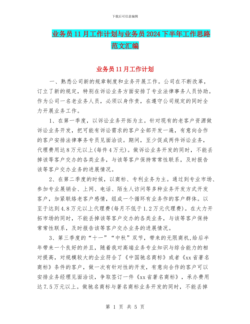 业务员11月工作计划与业务员2024下半年工作思路范文汇编_第1页