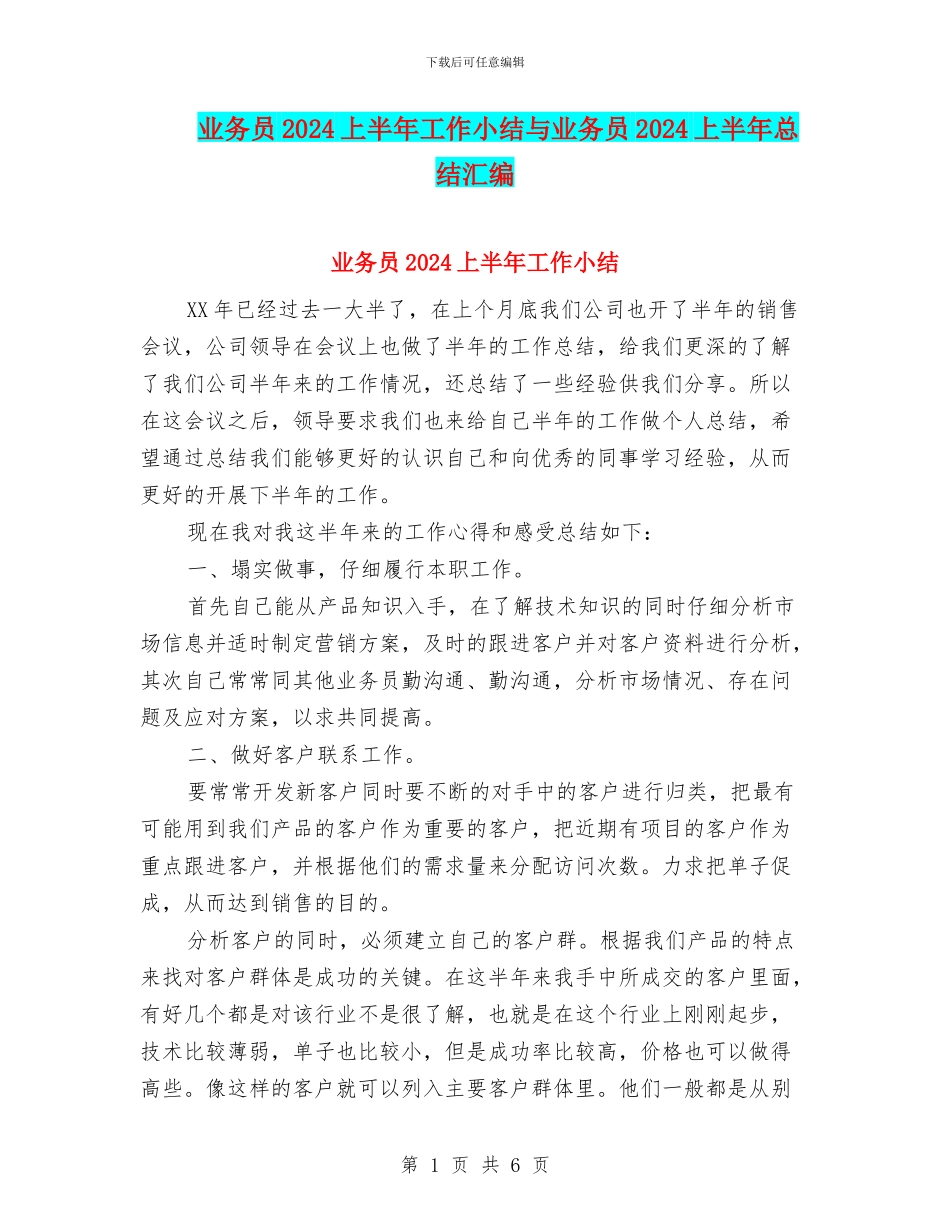 业务员2024上半年工作小结与业务员2024上半年总结汇编_第1页