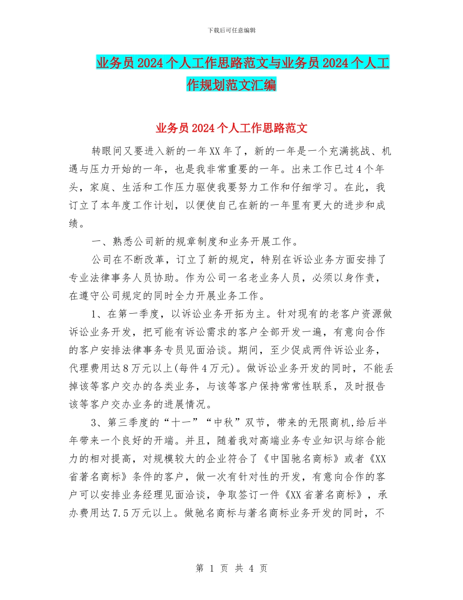 业务员2024个人工作思路范文与业务员2024个人工作规划范文汇编_第1页