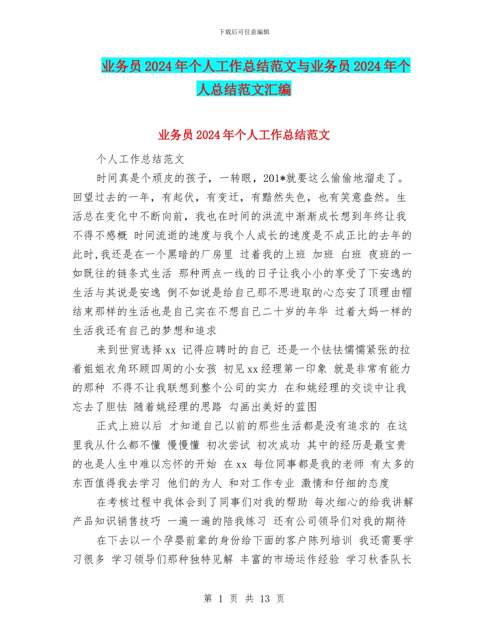 业务员2024年个人工作总结范文与业务员2024年个人总结范文汇编_第1页