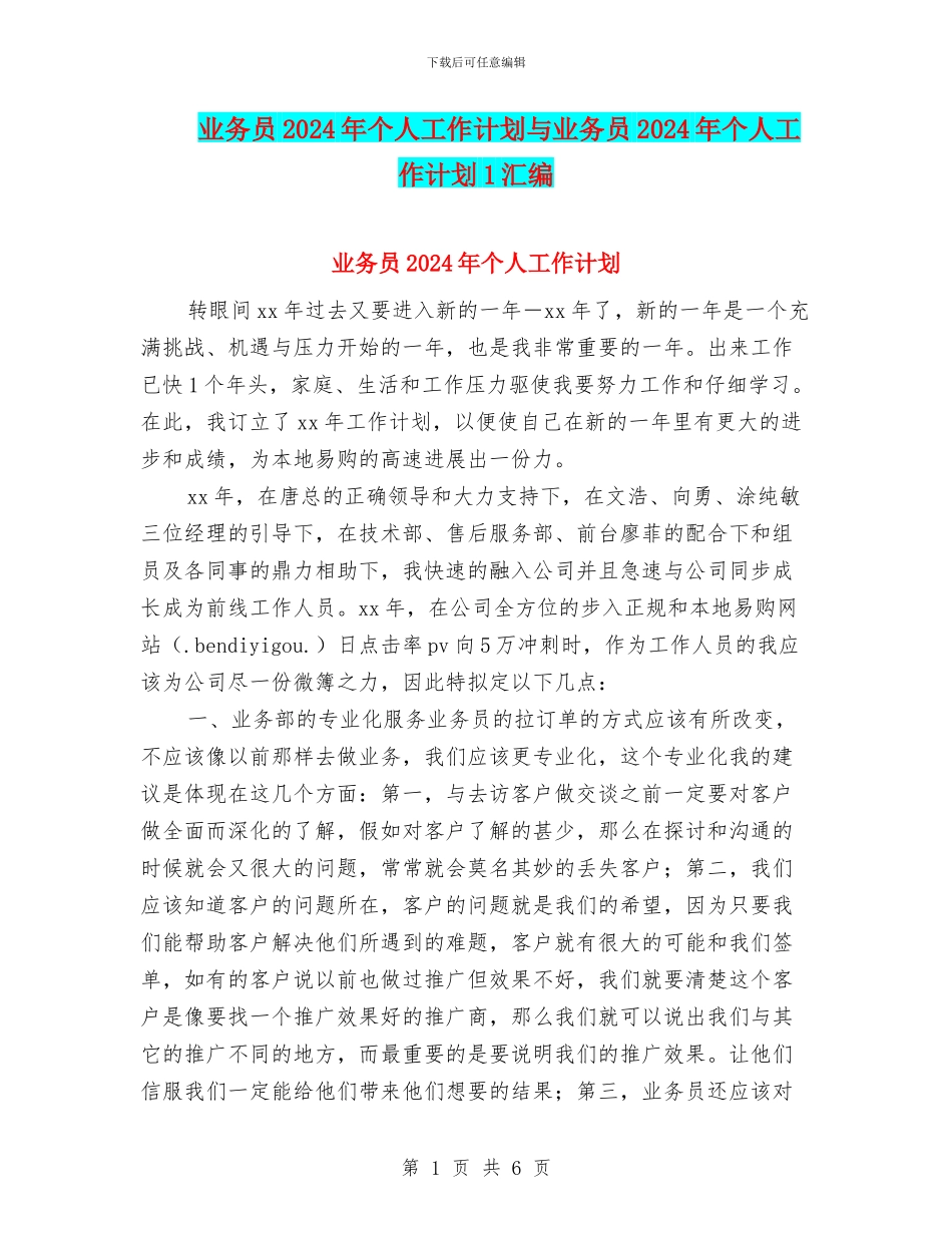 业务员2024年个人工作计划与业务员2024年个人工作计划1汇编_第1页