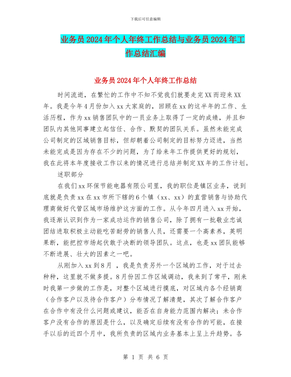 业务员2024年个人年终工作总结与业务员2024年工作总结汇编_第1页