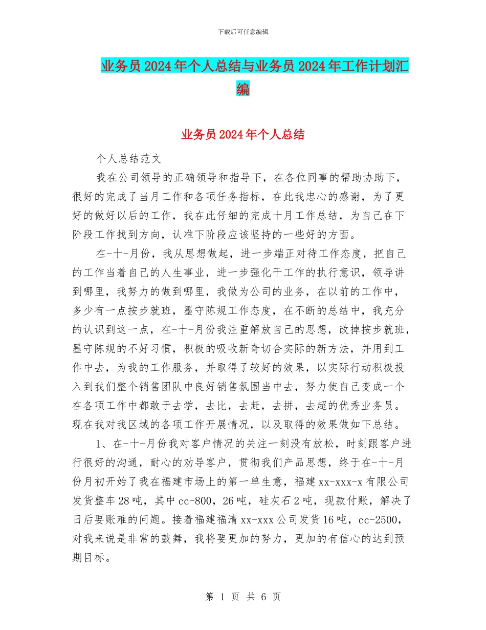 业务员2024年个人总结与业务员2024年工作计划汇编_第1页