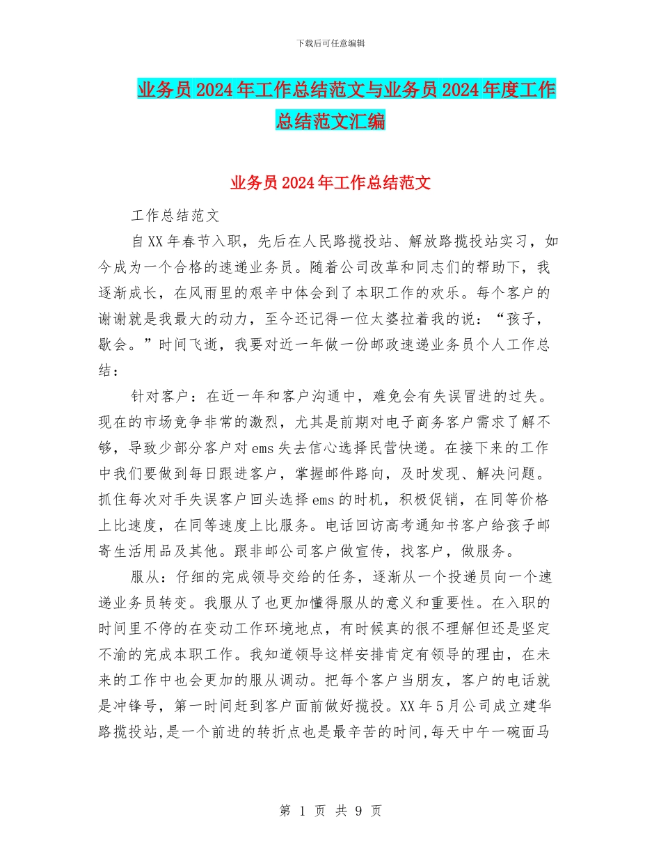 业务员2024年工作总结范文与业务员2024年度工作总结范文汇编_第1页