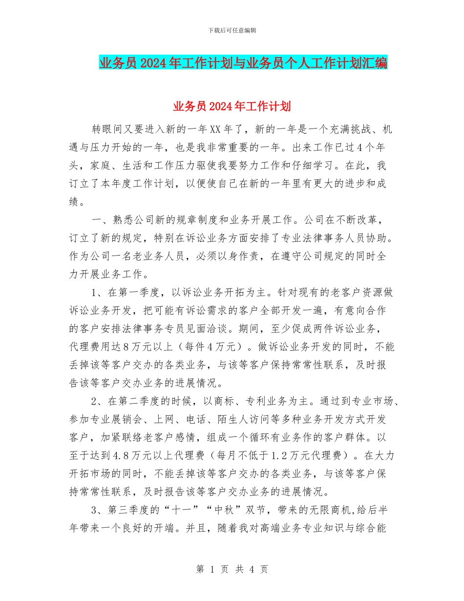 业务员2024年工作计划与业务员个人工作计划汇编_第1页