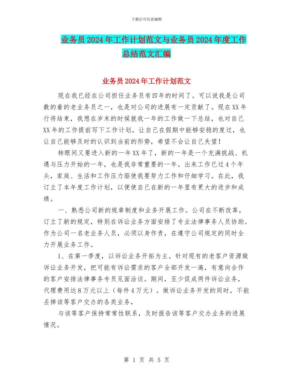 业务员2024年工作计划范文与业务员2024年度工作总结范文汇编_第1页