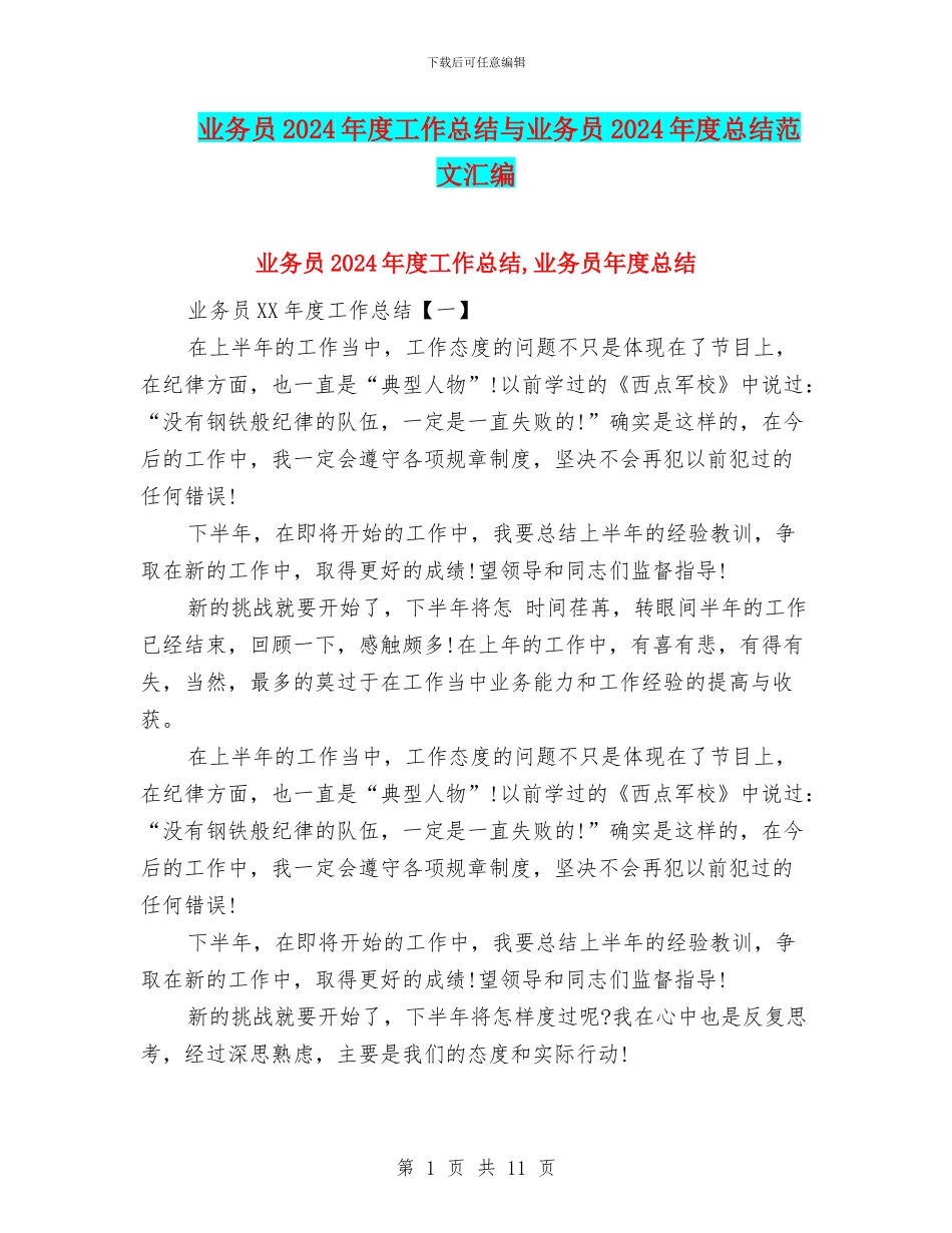 业务员2024年度工作总结与业务员2024年度总结范文汇编_第1页