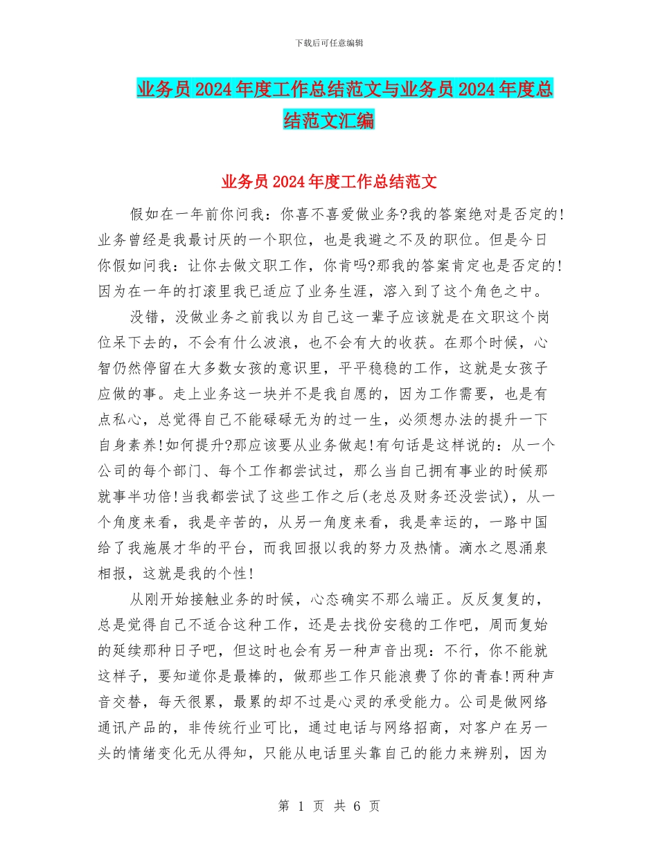 业务员2024年度工作总结范文与业务员2024年度总结范文汇编_第1页