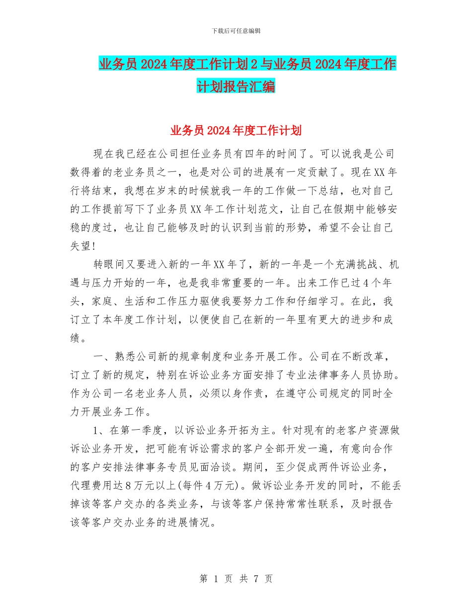 业务员2024年度工作计划2与业务员2024年度工作计划报告汇编_第1页