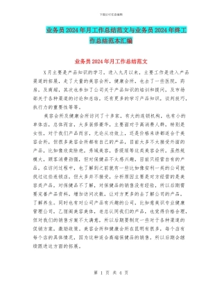 业务员2024年月工作总结范文与业务员2024年终工作总结范本汇编