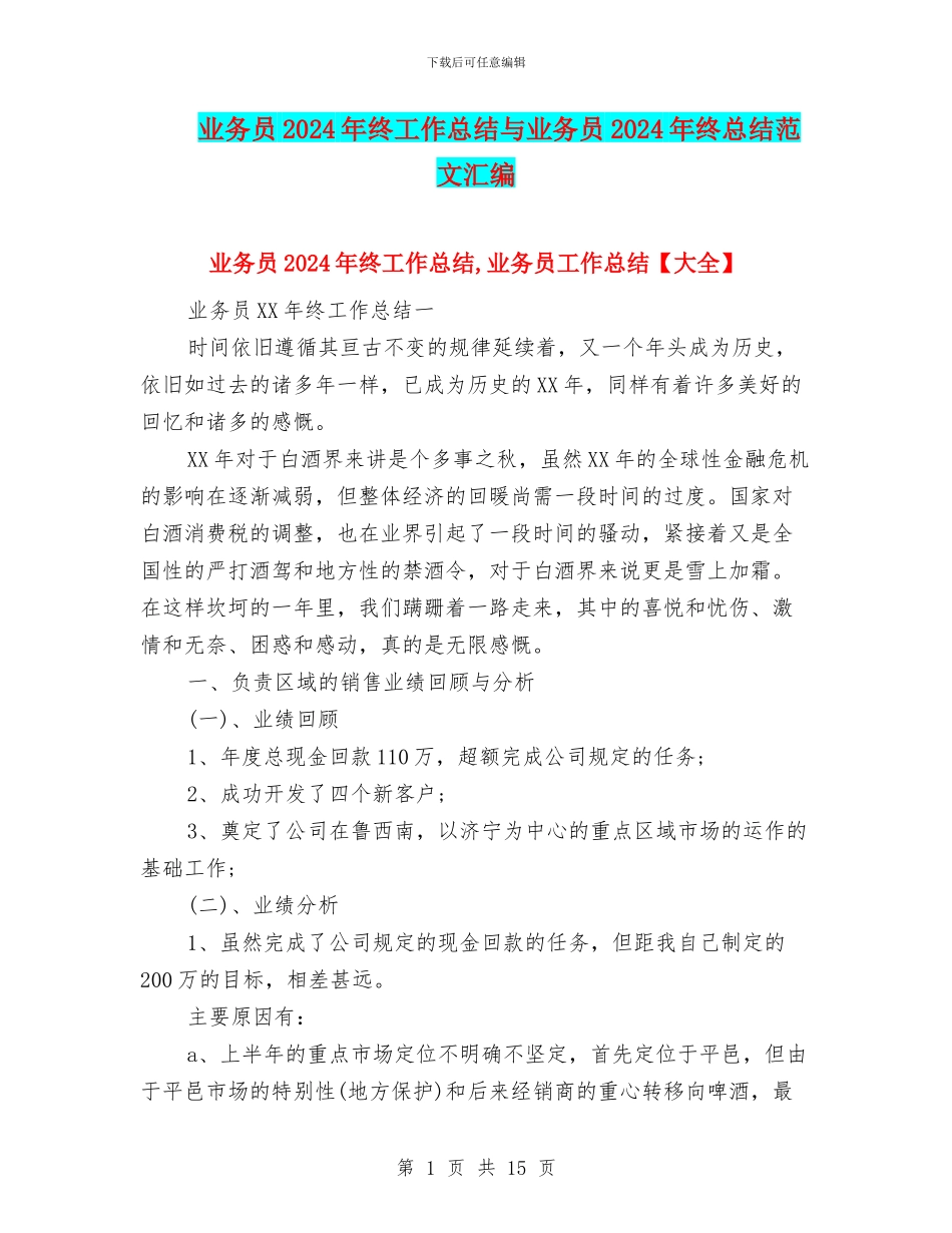 业务员2024年终工作总结与业务员2024年终总结范文汇编_第1页