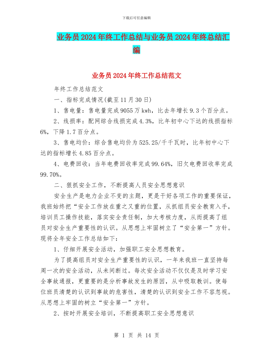 业务员2024年终工作总结与业务员2024年终总结汇编_第1页