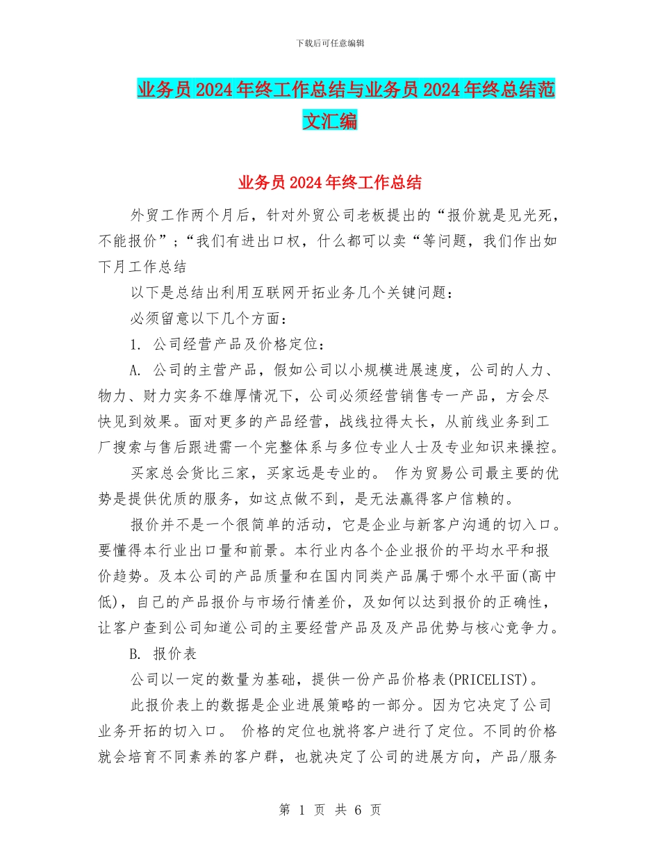 业务员2024年终工作总结与业务员2024年终总结范文汇编.doc_第1页