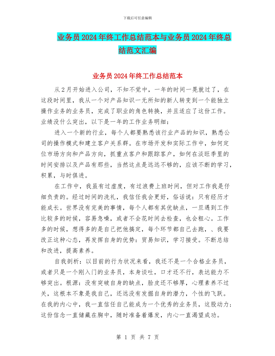 业务员2024年终工作总结范本与业务员2024年终总结范文汇编_第1页