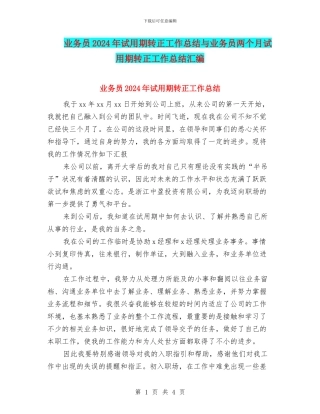 业务员2024年试用期转正工作总结与业务员两个月试用期转正工作总结汇编